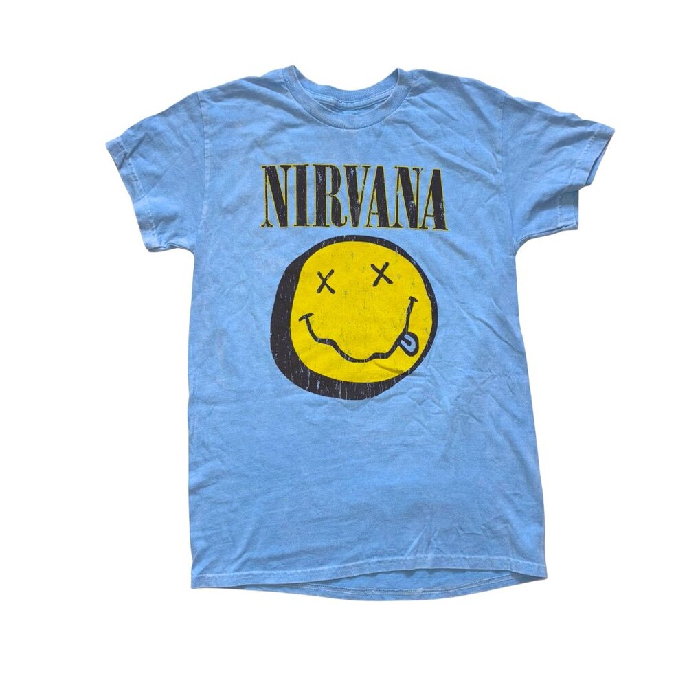 Nirvana Band Tee Blue Graphic T-Shirt Yellow Smiley Face Logo